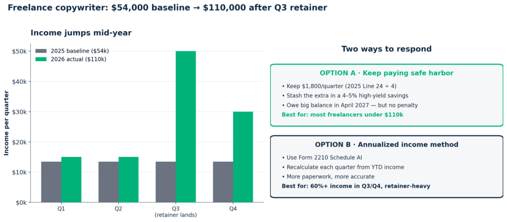Bar chart showing freelance copywriter income jumping from 54,000 baseline to 110,000 after Q3 retainer, with two response options