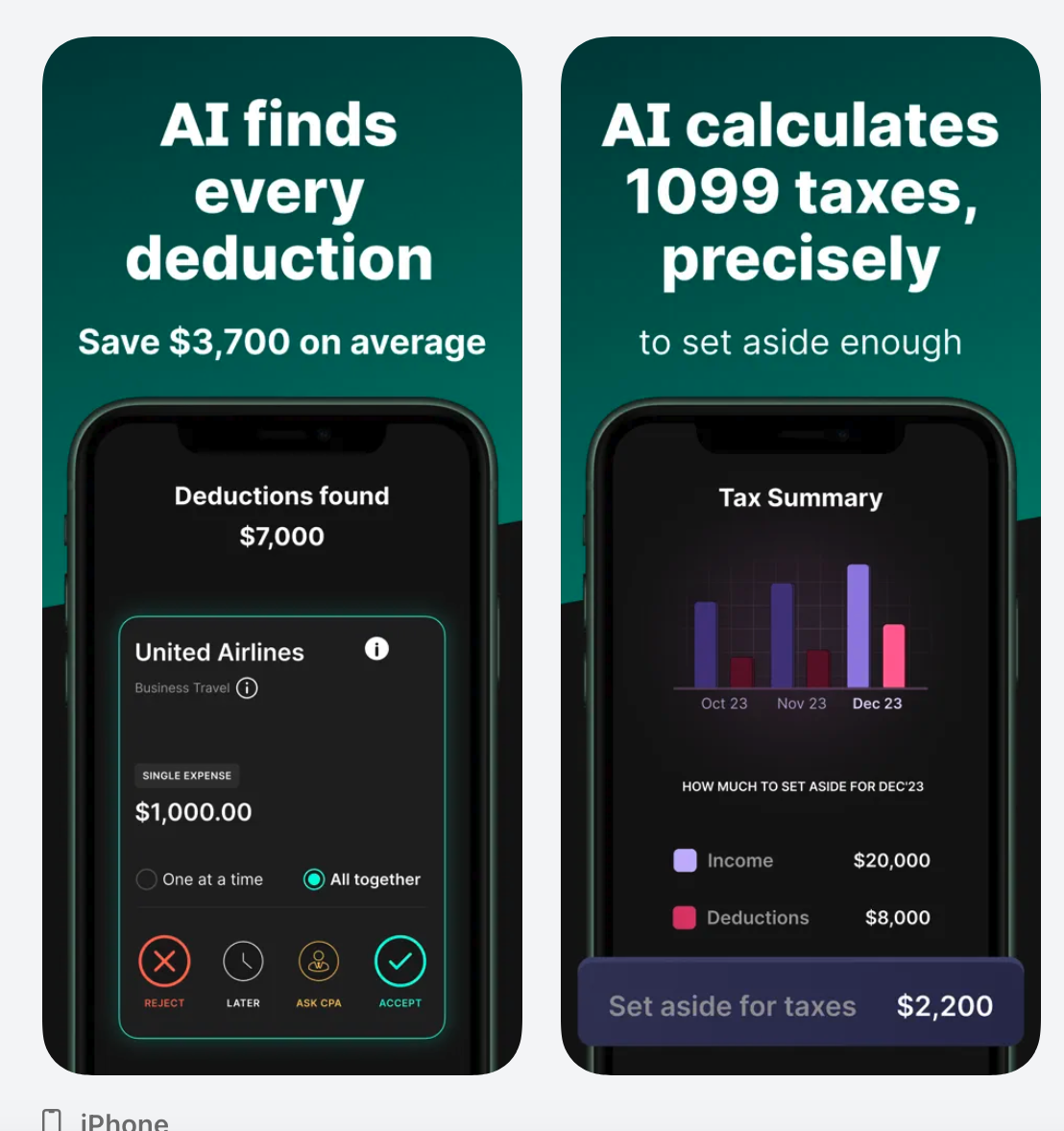 FlyFin app screens promising AI finds every deduction with $3,700 average savings, and AI calculates 1099 taxes precisely so you set aside enough