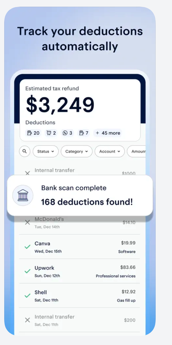 Keeper app screen showing automatic deduction tracking with $3,249 estimated tax refund and 168 deductions found from a bank scan