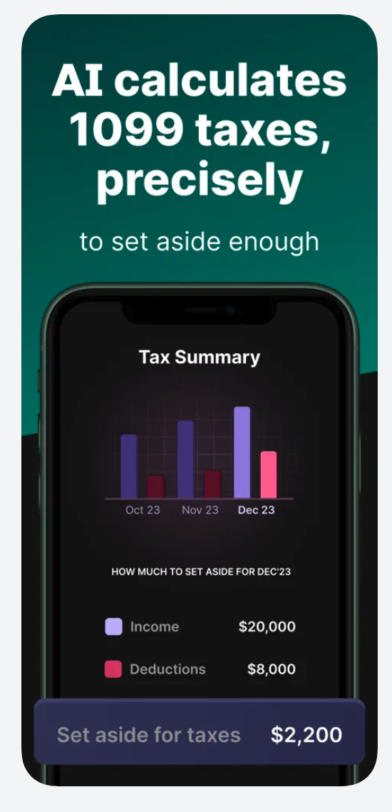 FlyFin app screen highlighting AI-driven precise quarterly tax estimates for self-employed and 1099 freelancers