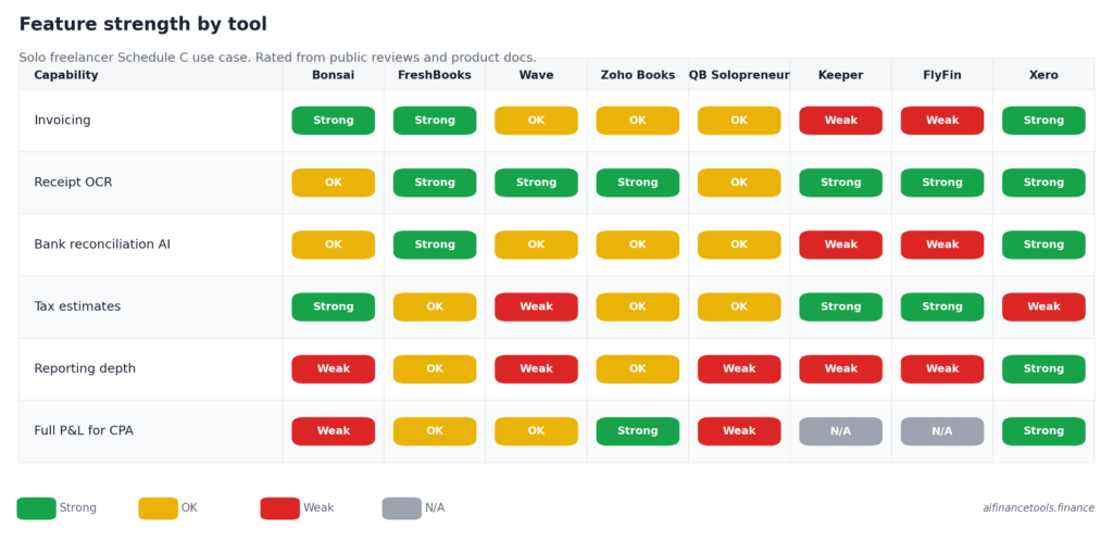 Heatmap rating 8 bookkeeping tools across 6 capabilities, with green for strong and red for weak
