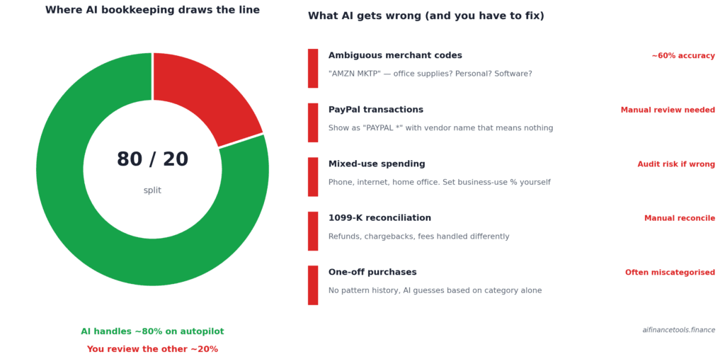 Donut chart showing AI handles 80 percent of bookkeeping with a list of the 20 percent you must fix