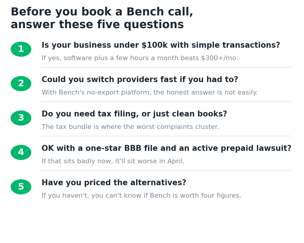 Card listing five questions to answer before signing up for Bench bookkeeping