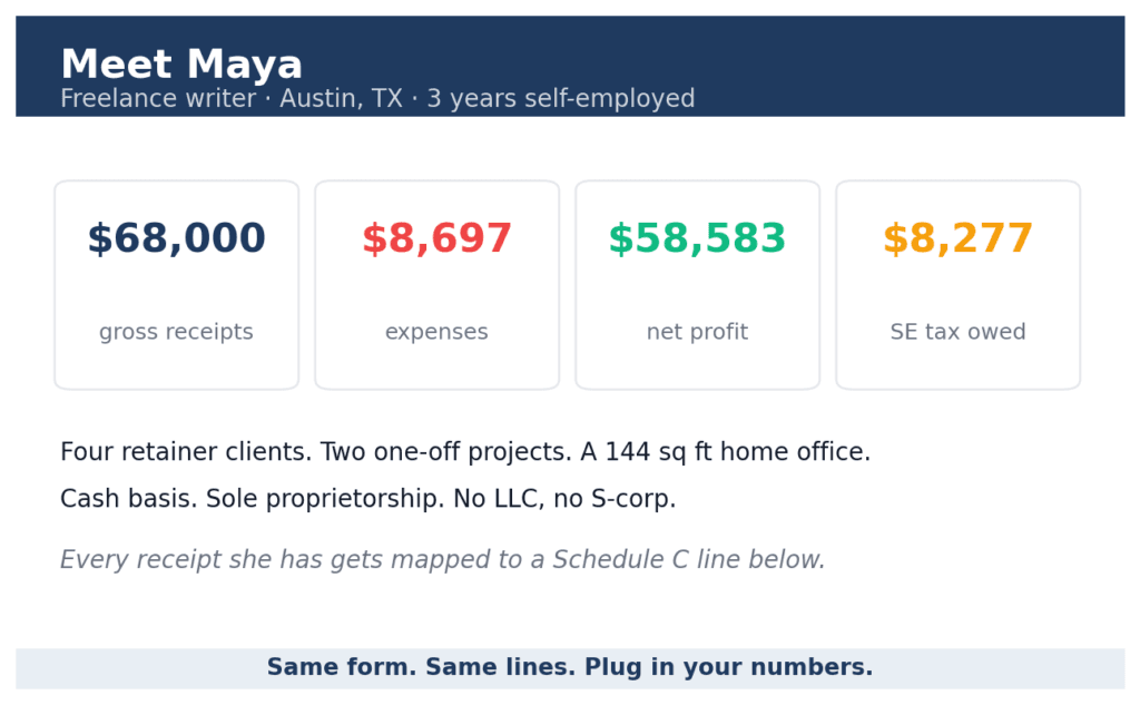 Profile snapshot of Maya, an Austin-based freelance writer used as a Schedule C example